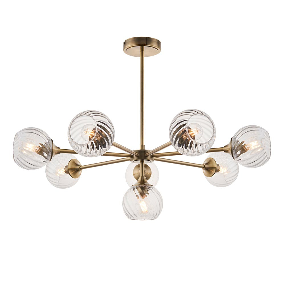 Allegra 8 Lights Clear Spiral Glass Semi Flush Wall Light In Antique Brass