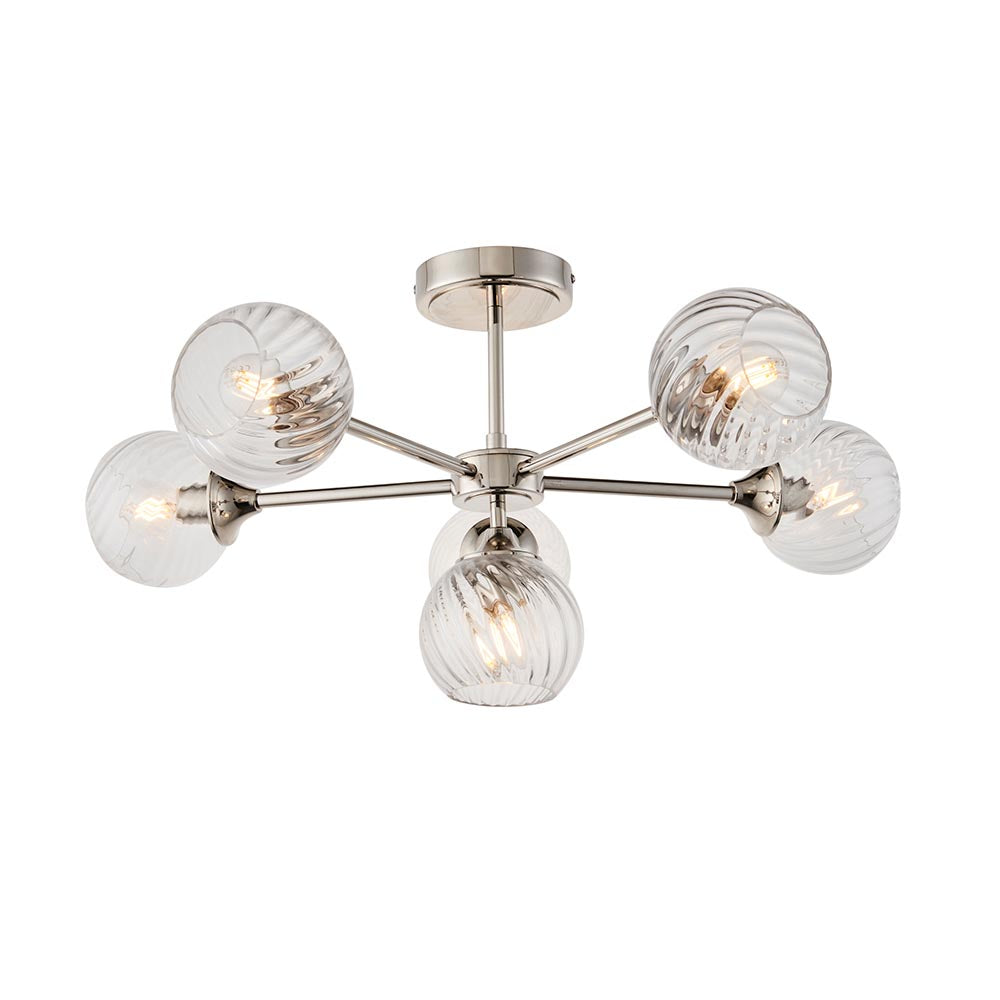 Allegra 6 Lights Clear Spiral Glass Semi Flush Wall Light In Bright Nickel