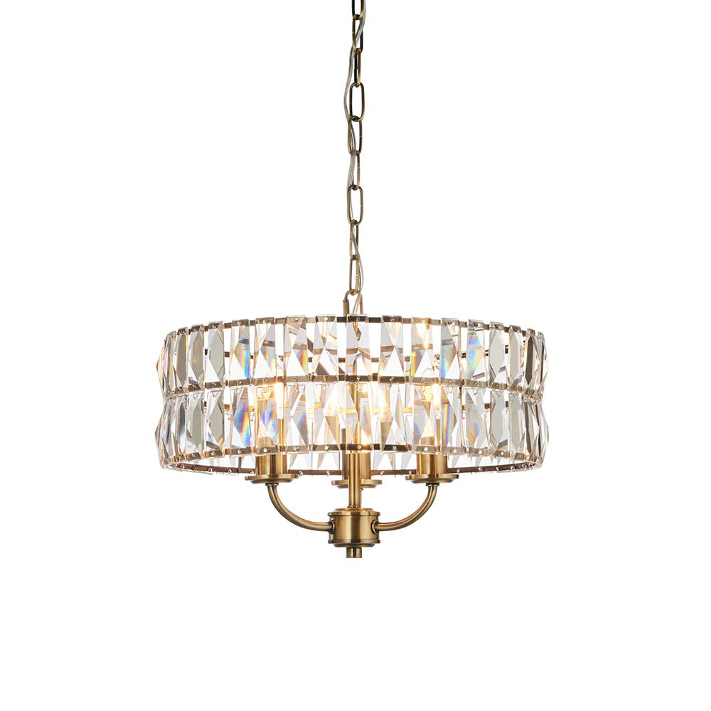 Clifton Clear Cut Faceted Glass 3 Lights Ceiling Pendant Light In Antique Brass