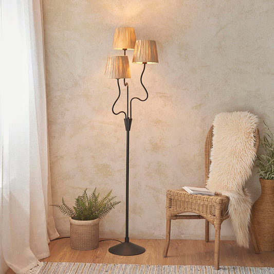 Wriggle 3 Lights Raffia Shade Floor Lamp In Matt Black