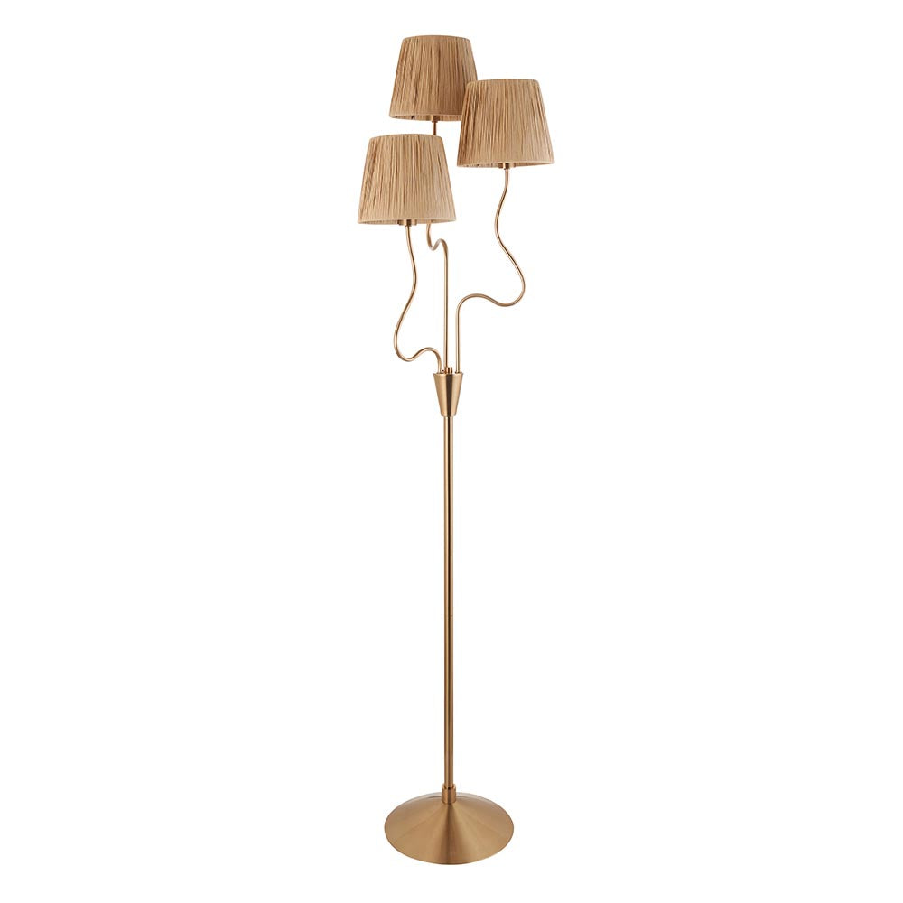 Wriggle 3 Lights Raffia Shade Floor Lamp In Brushed Aged Brass