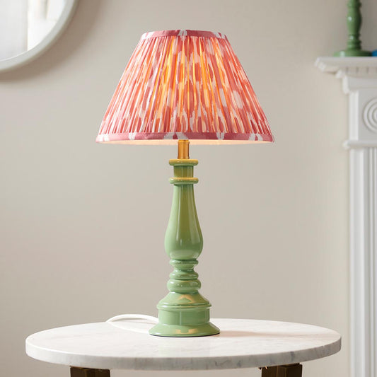 Myrtle And Ikat 30cm Coral Pink Shade Table Lamp With Gloss Cotswold Green Base