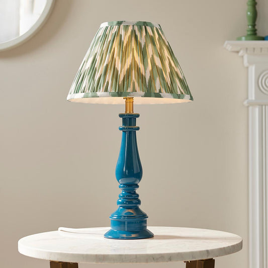 Myrtle And Zigzag 30cm Cotswold Green Shade Table Lamp With Gloss Marlin Blue Base
