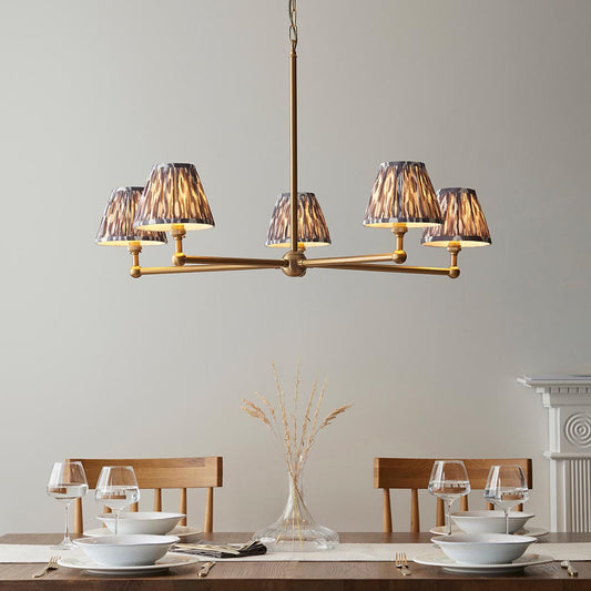 Santiago And Ikat 5 Lights 16cm Pearl Grey Shade Ceiling Pendant Light In Brushed Aged Brass