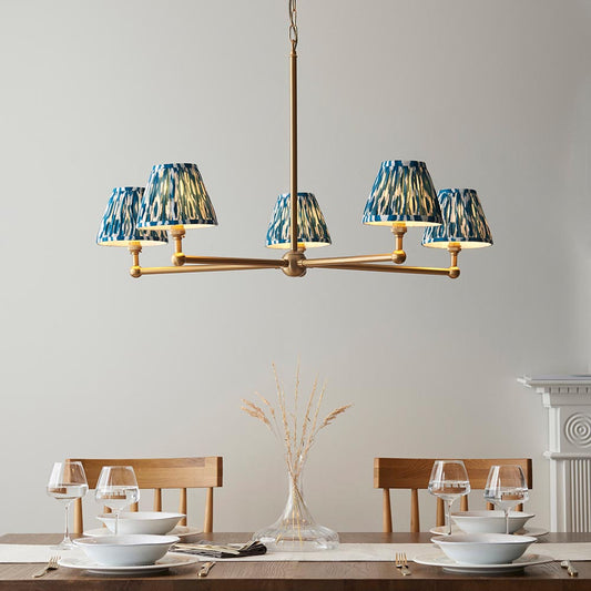 Santiago And Ikat 5 Lights 16cm Marlin Blue Shade Ceiling Pendant Light In Brushed Aged Brass