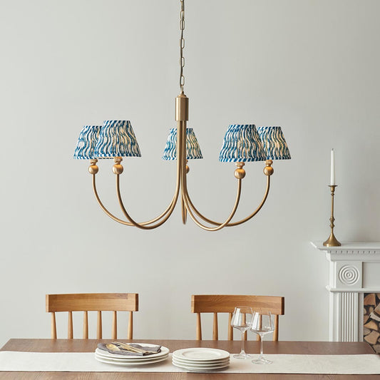 Santiago And Ripple 5 Lights 16cm Marlin Blue Shade Curved Ceiling Pendant Light In Brushed Aged Brass