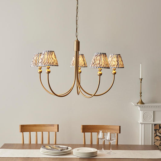 Santiago And Ripple 5 Lights 16cm Pearl Grey Shade Curved Ceiling Pendant Light In Brushed Aged Brass
