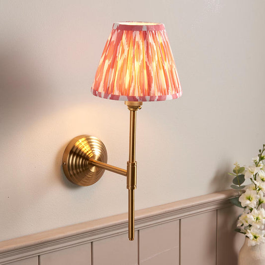 Obelisk T Bar And Ikat 16cm Coral Pink Shade Wall Light In Brushed Aged Brass