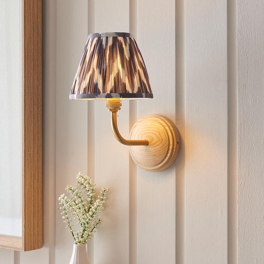 Wood Arc And Zigzag 16cm Pearl Grey Shade Wall Light In Brushed Aged Brass
