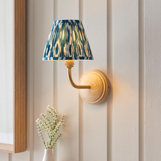 Wood Arc And Ikat 16cm Marlin Blue Shade Wall Light In Brushed Aged Brass