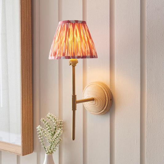 Wood T Bar And Ikat 16cm Coral Pink Shade Wall Light In Brushed Aged Brass