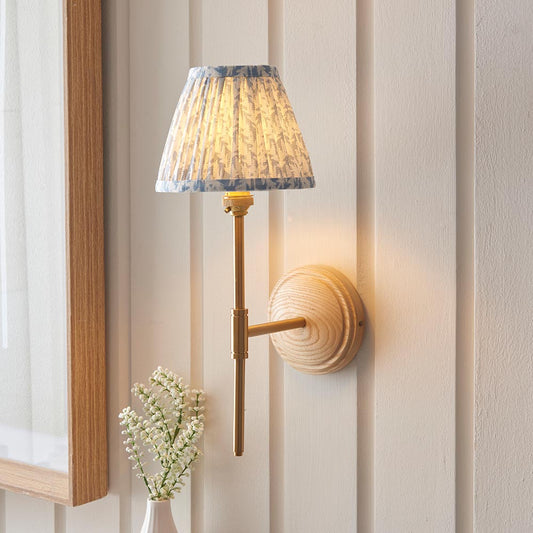 Wood T Bar And Leaf 16cm Shell Bay Blue Shade Wall Light In Brushed Aged Brass