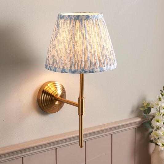 Obelisk T Bar And Leaf 20cm Shell Bay Blue Shade Wall Light In Brushed Aged Brass