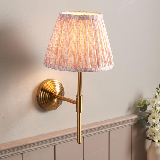 Obelisk T Bar And Leaf 20cm Peachy Keen Shade Wall Light In Brushed Aged Brass