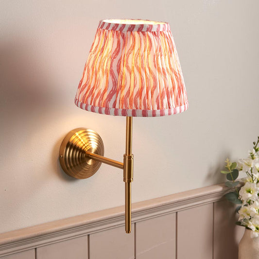 Obelisk T Bar And Ripple 20cm Coral Pink Shade Wall Light In Brushed Aged Brass