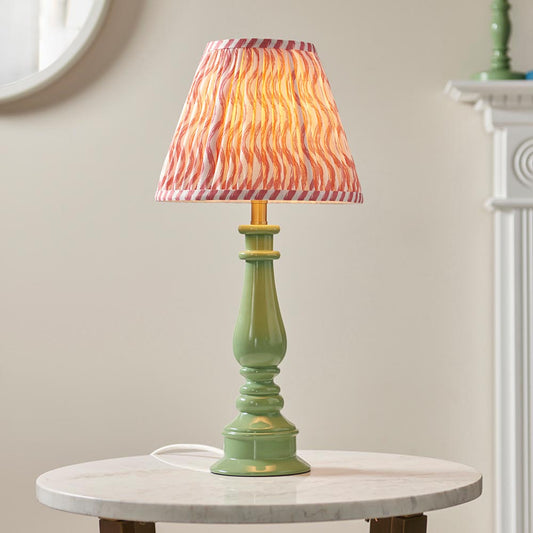 Myrtle And Ripple 25cm Coral Pink Shade Table Lamp With Gloss Cotswold Green Base