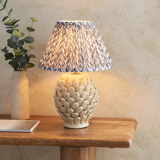 Layered Leaf And Leaf 30cm Pearl Grey Shade Table Lamp With Round Ivory Ceramic Base