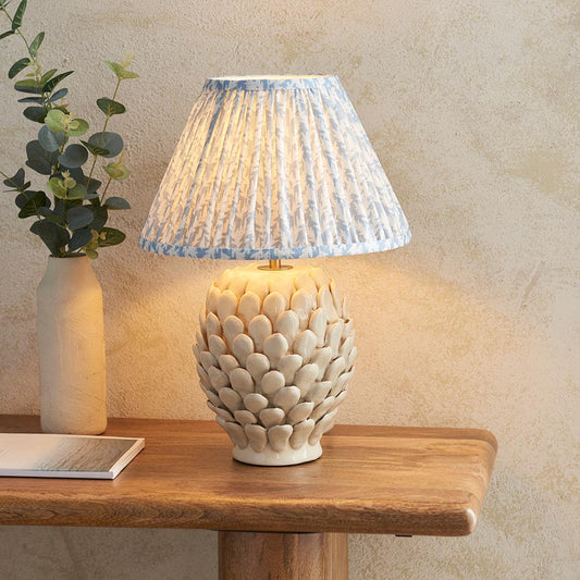 Layered Leaf And Leaf 30cm Shell Bay Blue Shade Table Lamp With Round Ivory Ceramic Base