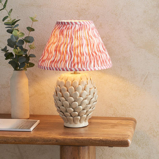 Layered Leaf And Ripple 30cm Coral Pink Shade Table Lamp With Round Ivory Ceramic Base