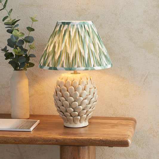 Layered Leaf And Zigzag 30cm Cotswold Green Shade Table Lamp With Round Ivory Ceramic Base
