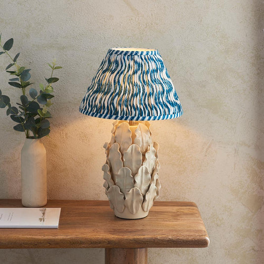 Layered Leaf And Ripple 30cm Marlin Blue Shade Table Lamp With Ivory Ceramic Base