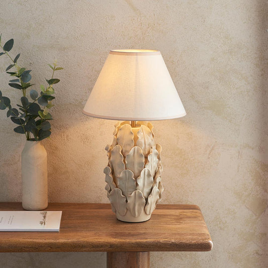 Layered Leaf And Ivy 30cm Vintage White Shade Table Lamp With Ivory Ceramic Base