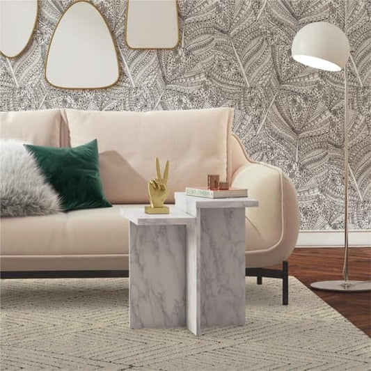 Brielle Wooden Side Table In White Faux Marble Effect