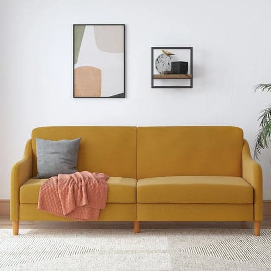 Jasper Linen Fabric Sofa Bed In Mustard With Wooden Legs