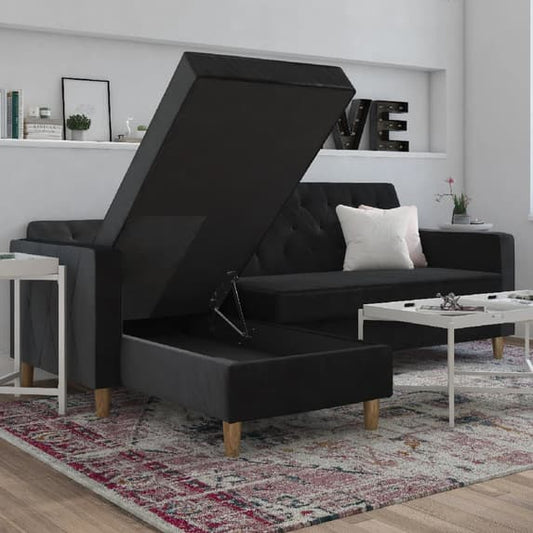 Liberty Velvet Sofa Bed In Black With Oak Legs