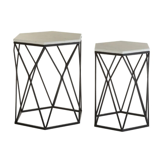 Arcana Hexagonal Marble Set Of 2 Side Tables With Black Metal Frame