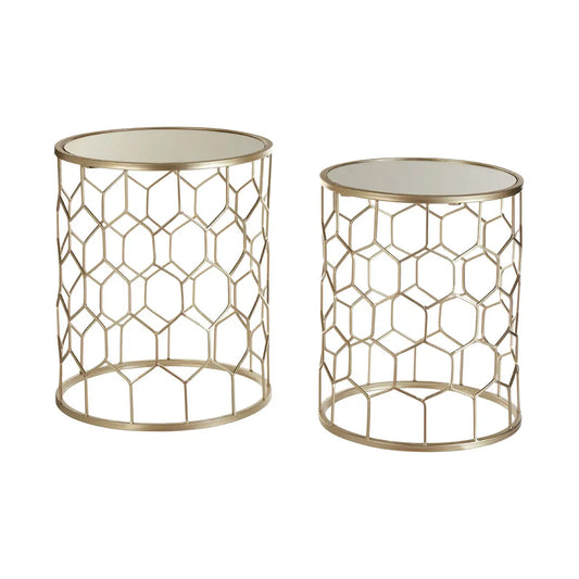 Arcana Honeycomb Mirrored Set Of 2 Side Tables Champagne Metal Frame