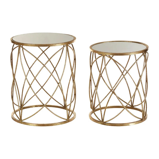 Arcana Round Mirrored Set Of 2 Side Tables With Gold Frame