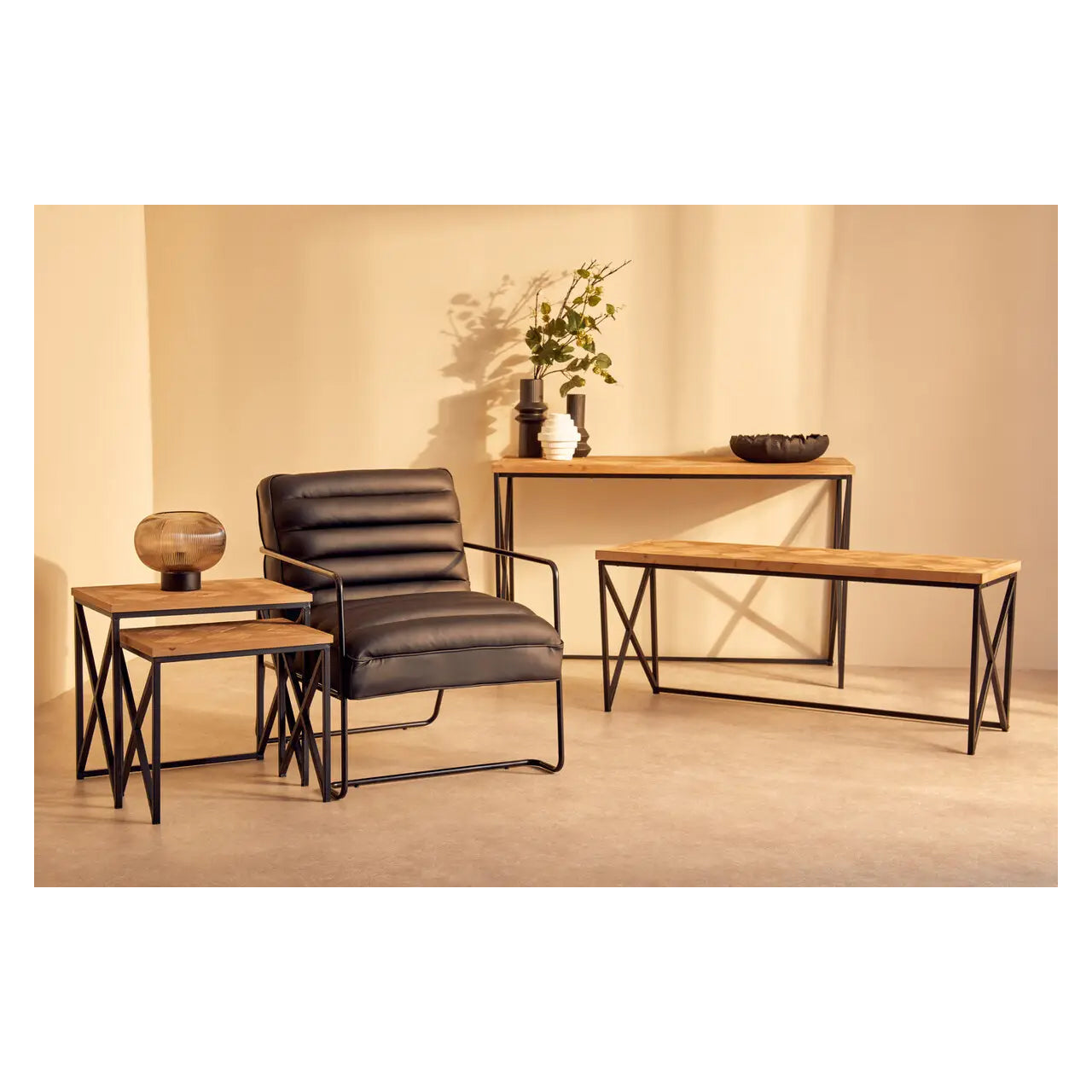 Kickford Wooden Console Table In Natural With Black Iron Frame