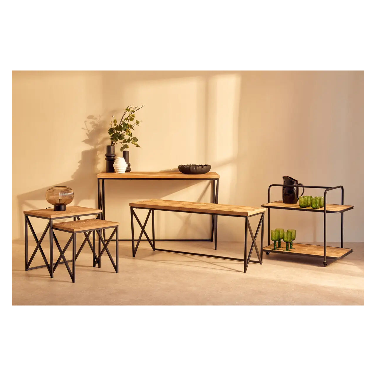Kickford Wooden Set Of 2 Side Tables In Natural With Black Iron Frame