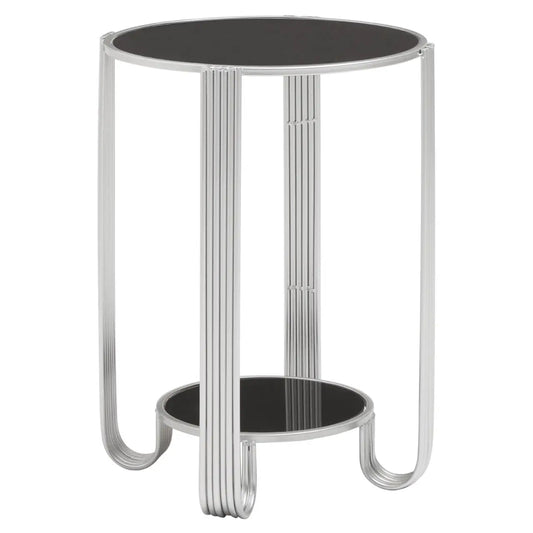 Jolie Round Mirrored End Table In Black With Silver Frame