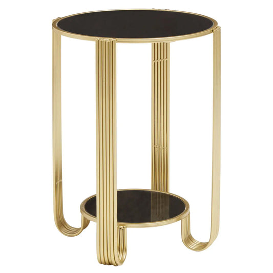 Jolie Round Mirrored End Table In Black With Gold Frame