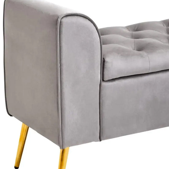 Loretta Velvet Storage Seating Bench In Grey With Gold Finish Legs