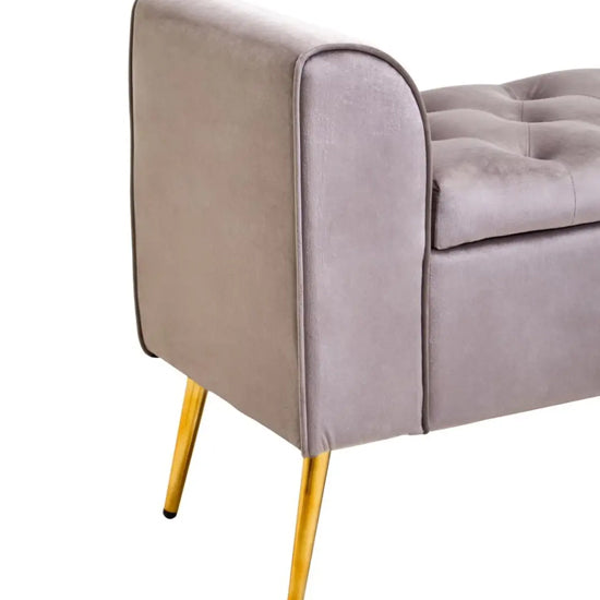 Loretta Velvet Storage Seating Bench In Mink With Gold Finish Legs