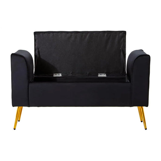 Loretta Velvet Storage Seating Bench In Black With Gold Finish Legs