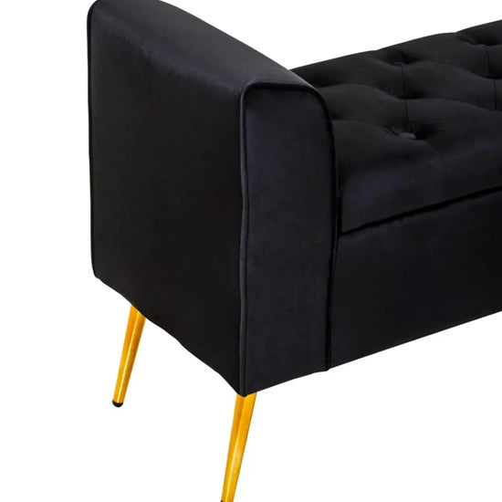 Loretta Velvet Storage Seating Bench In Black With Gold Finish Legs