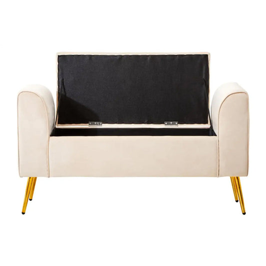Loretta Velvet Storage Seating Bench In Stone With Gold Finish Legs