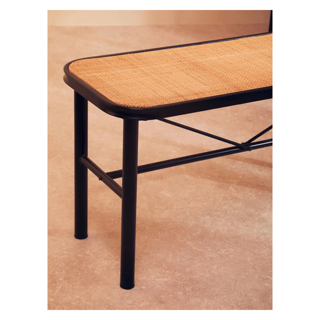 Depok Natural Ratan Seat Seating Bench With Black Wooden Base
