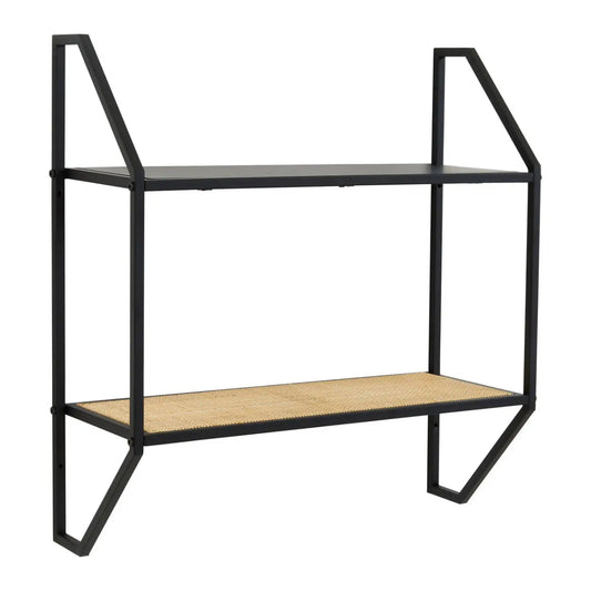 Depok Two Tier Wall Shelf In Black And Natural Rattan