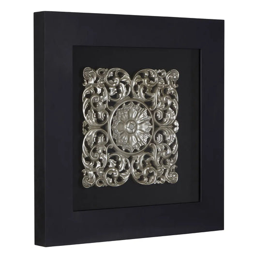 Nason Framed Wooden Filigree Carving Wall Art In Silver