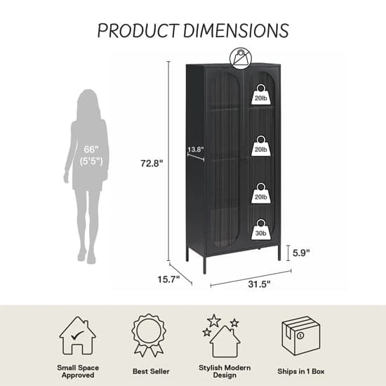 Luna Tall Metal Storage Cabinet With 2 Fluted Glass Doors In Black