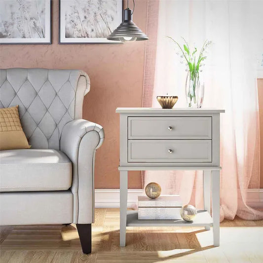 Franklyn Wooden Side Table With 2 Drawers In Taupe
