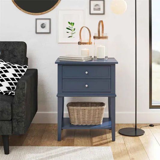 Franklyn Wooden Side Table With 2 Drawers In Stone Blue