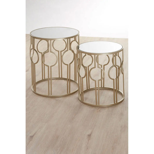 Avantis Mirrored Glass Circle Design Set of 2 Side Tables With Champagne Frame