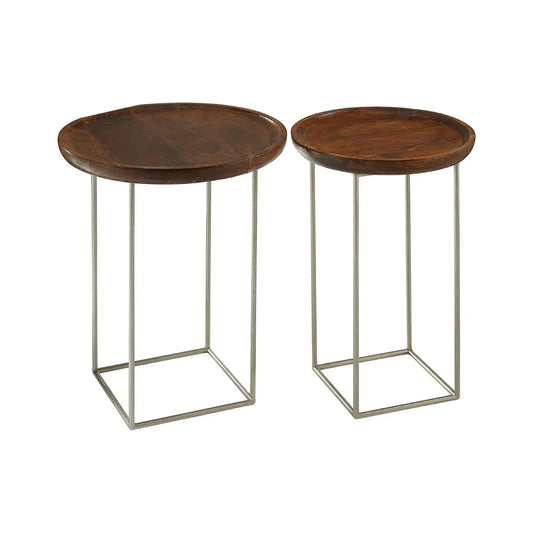 Crest Set of 2 Wood Top Side Tables In Natural With Iron Base