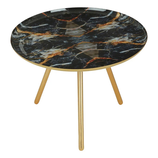 Marlox Faux Marble Side Table In Black With Rich Gold Metal Frame